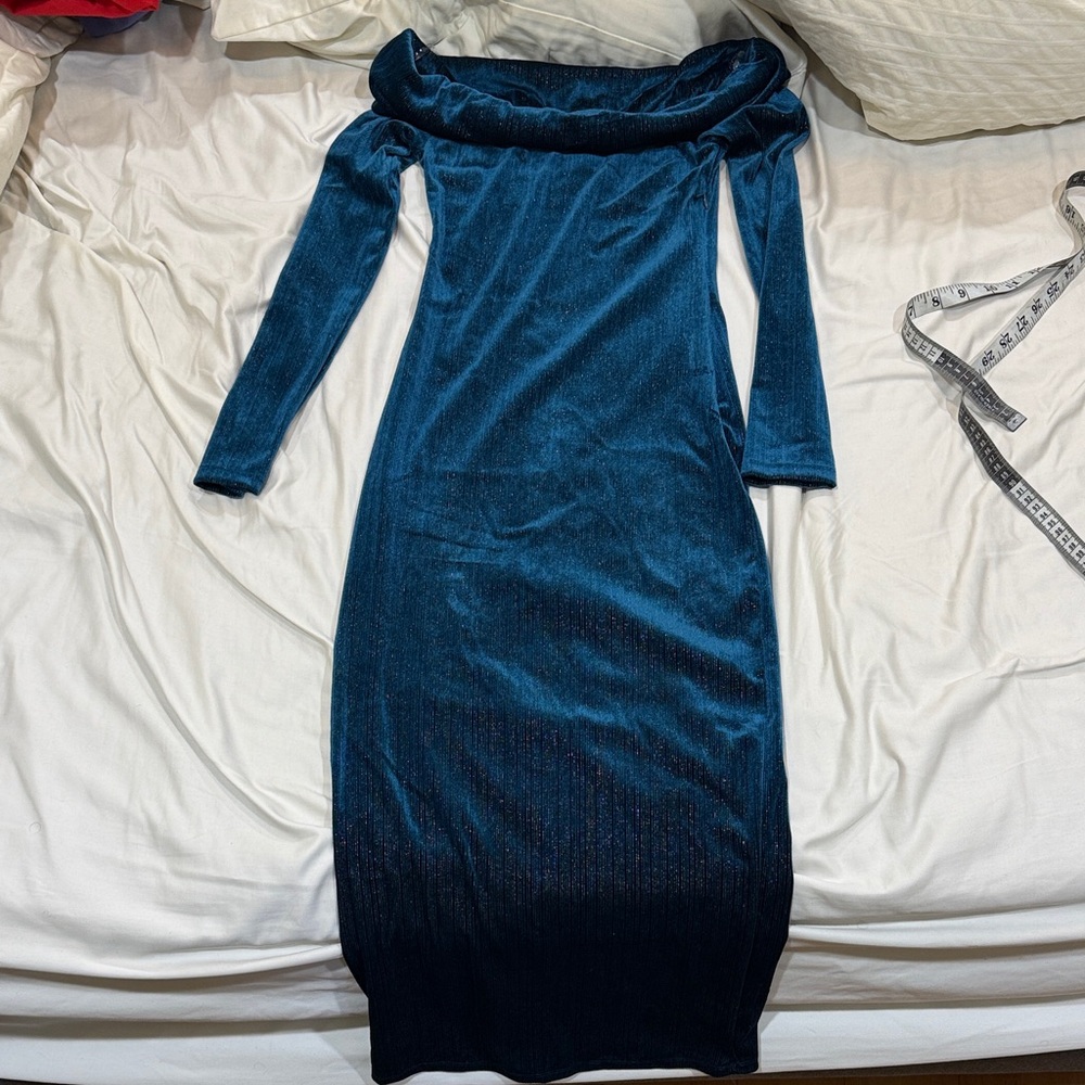 HYFVE Teal Long Sleeve Off-Shoulder Dress